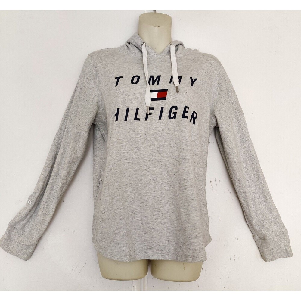Tommy Hilfiger Hooded Sweatshirt Gray Pullover Logo Lettering Women's Size Med
